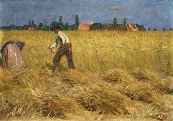 Grain Harvest Near A Village Oil Painting by Karl Walter Leopold von Kalckreuth