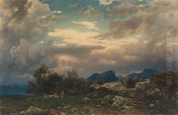 Abendliche Gebirgslandschaft Mit Kindern An Einem Feuer Oil Painting by Stanislas Graf Von Kalckreuth