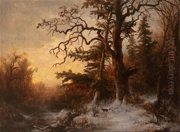 Winterliche Landschaft Mit Schnurendem Fuchs Unter Alten Baumen Oil Painting by Stanislas Graf Von Kalckreuth