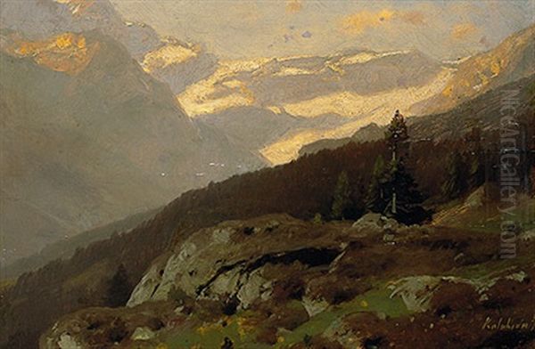 Sonnige Hochgebirgslandschaft Mit Gletscherhorizont Oil Painting by Stanislas Graf Von Kalckreuth