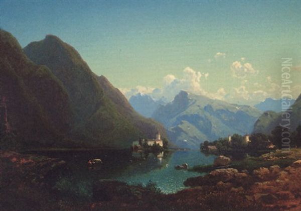 A Mountainous Lake Landscape Oil Painting by Stanislas Graf Von Kalckreuth