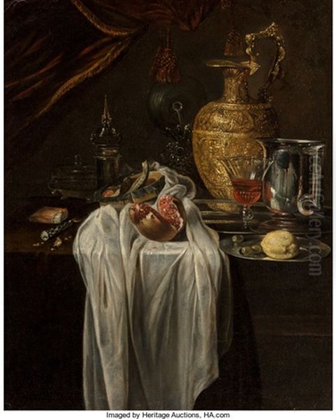 Still Life With Ewer, Vessels, Lemon, Marzipan And Pomegranate Oil Painting by Willem Kalf