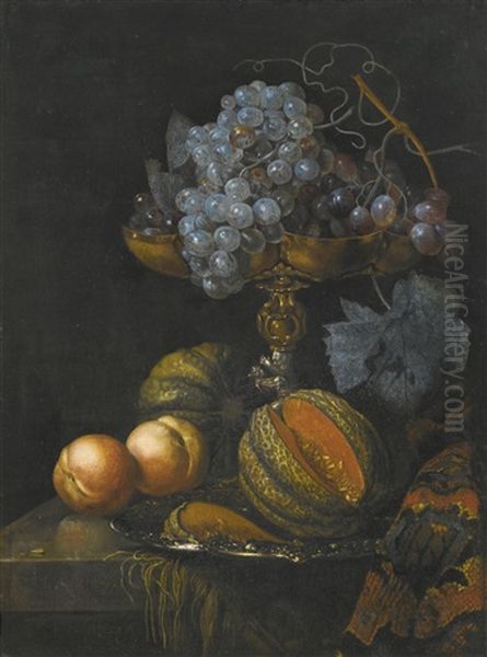 Still Life Of Grapes In A Tazza, A Cut Melon On A Silver Plate And Peaches, All Upon A Stone Ledge Oil Painting by Willem Kalf