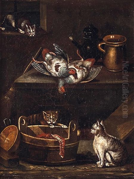 Stubeninterieur Mit Drei Katzen, Totem Geflugel Und Gefasen Oil Painting by Willem Kalf