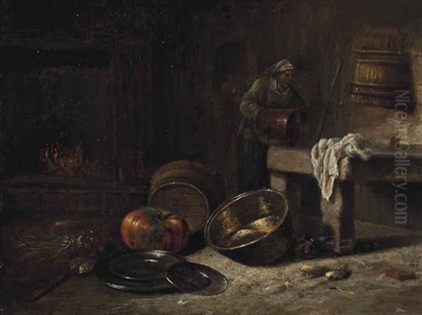 A Kitchen With Pewter Plates, A Brass Pot, A Pumpkin And A Peasant Washing Clothes Oil Painting by Willem Kalf