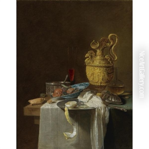 Still Life With A Silver Gilt Jug, A Wan-li Porcelain Bowl With Candied Fruit And A Pewter Plate With A Peeled Lemon Oil Painting by Willem Kalf