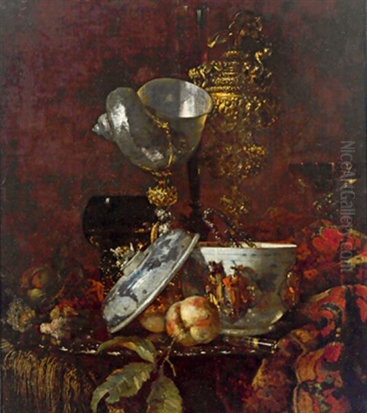 Stillleben Mit Einer Zucker-schale Aus Ming-porzellan, Einem Nautilus Pokal, Einem Goldenen Pokal, Einer Sektflote Und Einem Gefullten Weinglas Auf Einem Orientteppich Oil Painting by Willem Kalf