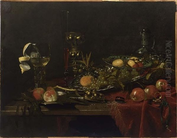 A Sumptuous Still Life Of Peaches On A Kraak Porcelain Dish, And Other Fruit, All On A Marble Table, Draped With A Red Cloth Oil Painting by Willem Kalf