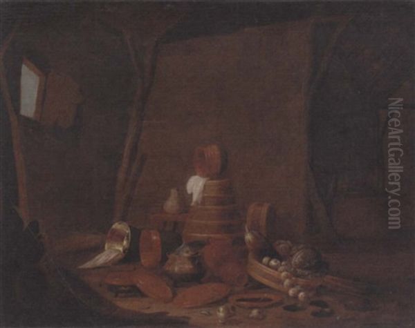 A Barn Interior With A Basket Of Vegetables And Earthenware Dishes Oil Painting by Willem Kalf