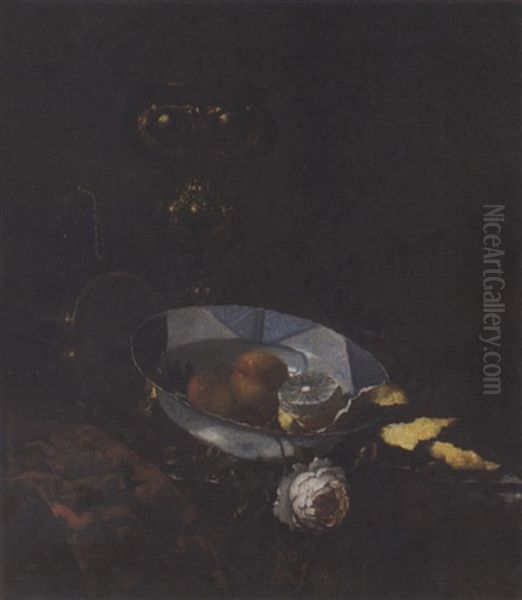 Fruit In A Blue And White Porcelain Bowl, With A Rose And Partly-peeled Lemon, A Copper Pot And A Gilt Cup On A Partly-draped Table Oil Painting by Willem Kalf