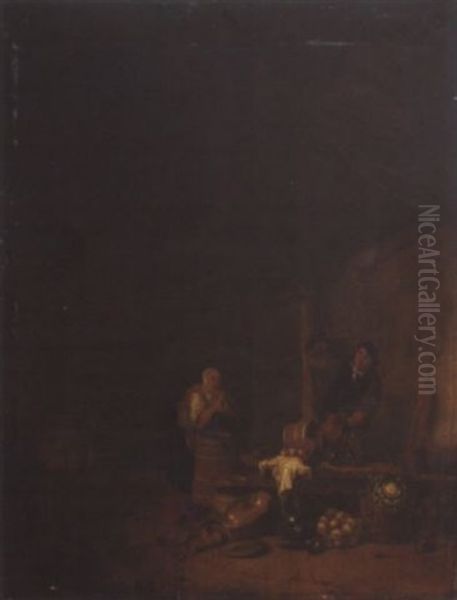 Bauerliches Interieur Mit Einer Frau Am Butterfass Oil Painting by Willem Kalf