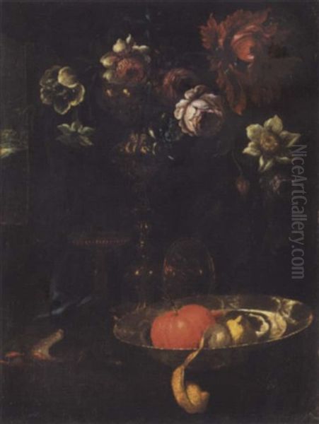 A Still Life Of A Peeled Lemon, An Orange, And Flowers In A Silver Gilt Cup, Together On A Table Oil Painting by Willem Kalf