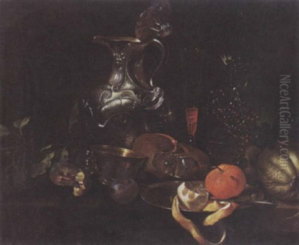 A Still Life With A Silver Jug And A Peeled Lemon On A Pewter Plate, All On A Draped Table Oil Painting by Willem Kalf