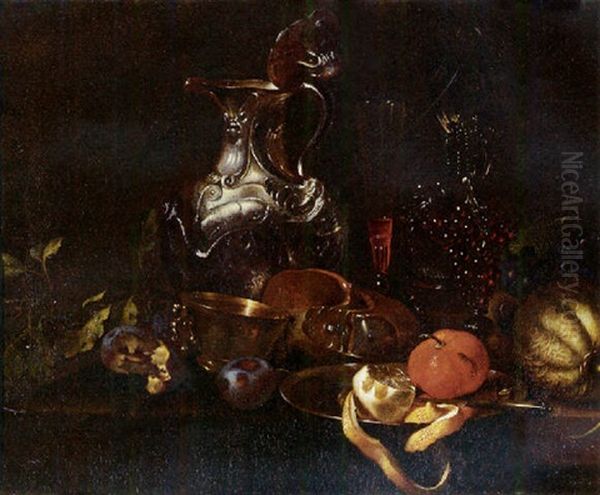 A Silver Jug, A Peeled Lemon On A Pewter Plate, A Facon-de-venise Wine Glass, Grapes, A Melon, A Shell And Plums On A Draped Table Oil Painting by Willem Kalf