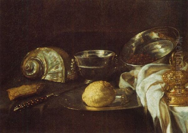 A Nautilus Shell, A Silver Cup, A Lemon On A Silver Plate, A Knife, A Silver Cover And A Bowl On A Draped Table Oil Painting by Willem Kalf