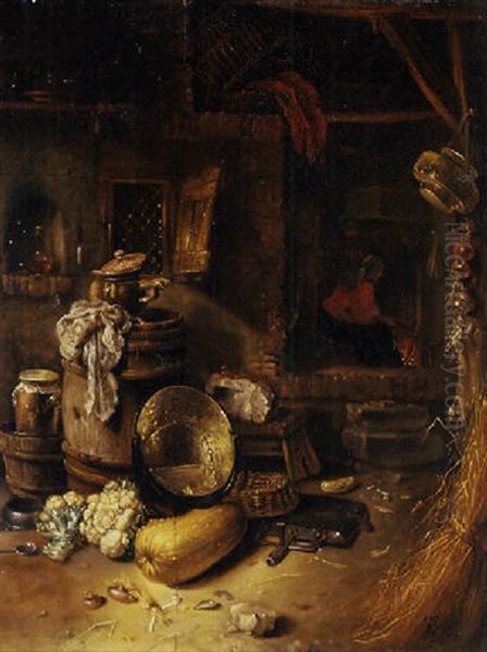 The Courtyard Of A Cottage With A Peasant By A Fire, Vegetables, A Pot And A Barrel In The Foreground Oil Painting by Willem Kalf