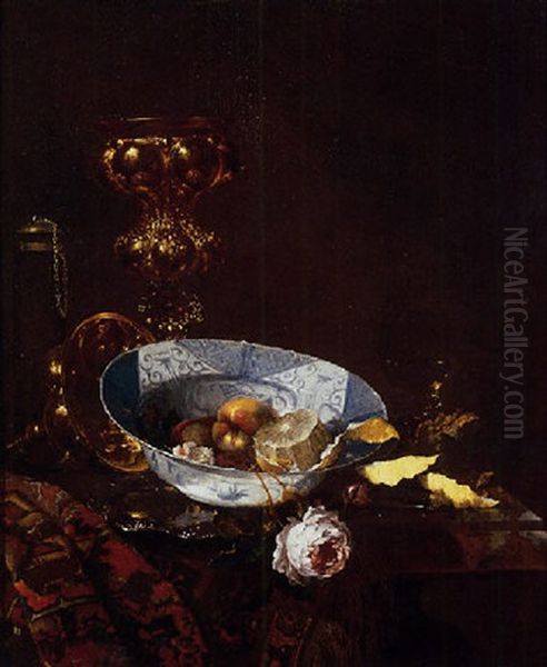 Peaches, A Rose And A Partly-peeled Lemon In A Wan Li Kraak Porselein Bowl With A Silver Gilt Standing Cup Oil Painting by Willem Kalf