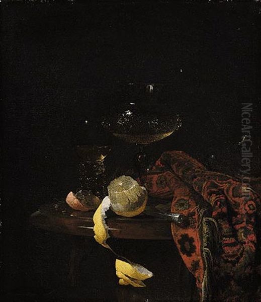 Still Life Of A Peeled Lemon, A Roemer, A Wine Glass, A Knife And A Rug, All Upon A Marble Top Draped With A Carpet Oil Painting by Willem Kalf