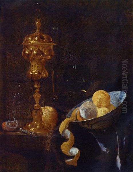 A Peeled Lemon And Oranges In A Wanli Kraak With A Gilt Cup And Cover, A Roemer And Other Objects On A Silk-draped Ledge Oil Painting by Willem Kalf