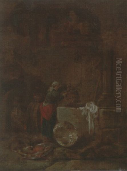 A Woman Drawing Water From A Well Under An Arcade Oil Painting by Willem Kalf