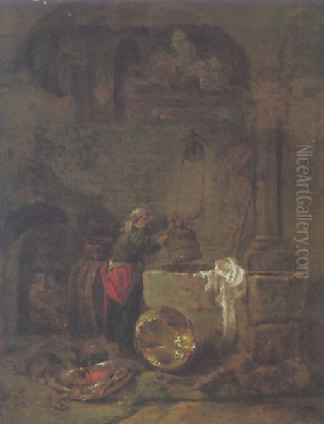 A Woman Drawing Water From A Well Under An Arcade Oil Painting by Willem Kalf