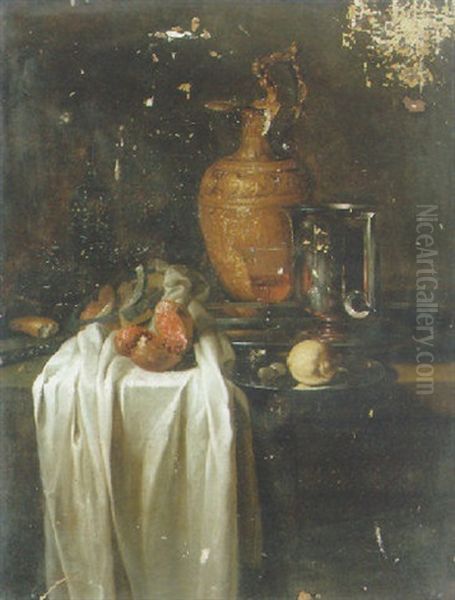 A Chased Silver Gilt Ewer, A Pewter Pitcher, A Wine Glass, A Lemon And Grapes And A Pomegranate On A Partially Draped Table Oil Painting by Willem Kalf