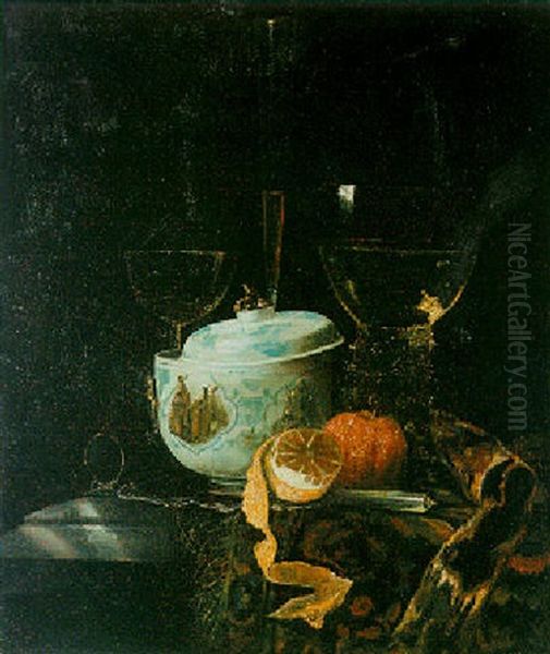 Still Life With A Walni Sugar Jar, Peeled Lemon, Orange And Glasses Oil Painting by Willem Kalf