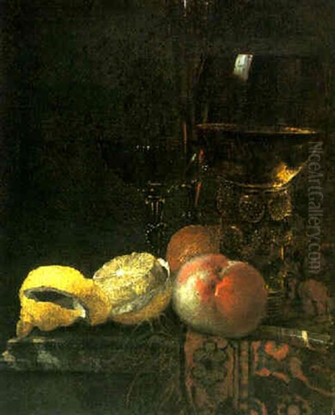 Still Life Of Fruit, A Roemer And Flute Glass On A Table Covered With A Carpet Oil Painting by Willem Kalf