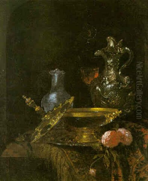 Still Life Of Silver And Other Objects Displayed In A Niche Partly Draped With A Carpet Oil Painting by Willem Kalf