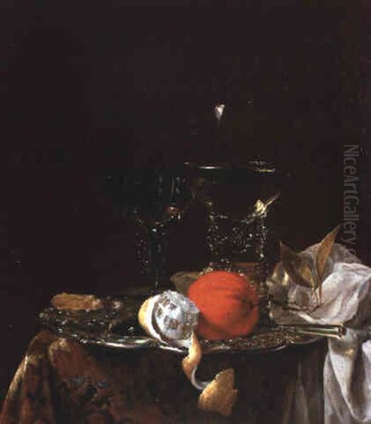 A Roemer, Wine Glass And Orange On A Silver Plate With Lemon On A Table Oil Painting by Willem Kalf