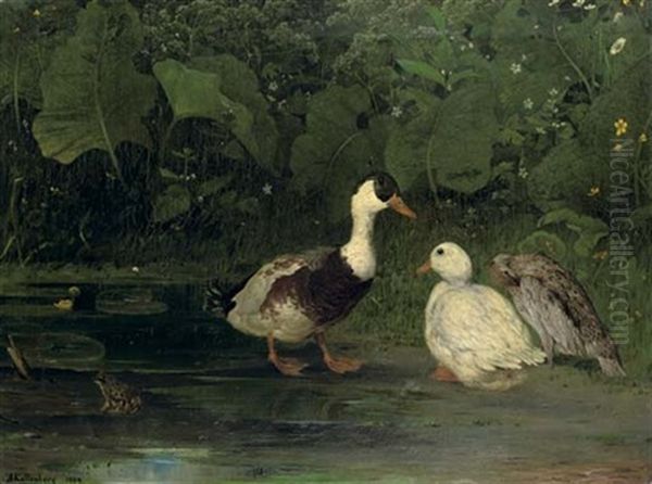 Three Ducks On A Pond Oil Painting by Anders Hanson Kallenberg