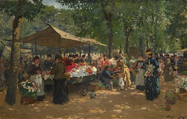 Der Blumenmarkt In Karlsruhe Oil Painting by Friedrich Kallmorgen