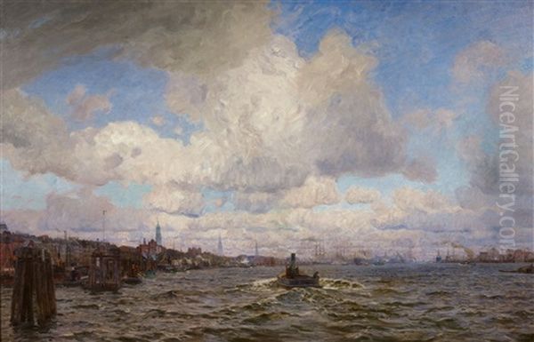 View Of Hamburg Harbour Oil Painting by Friedrich Kallmorgen