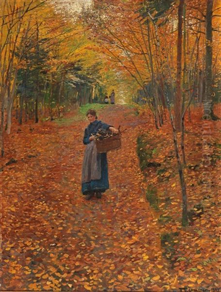 Woman Gathering Wood In An Autumn Wood Oil Painting by Friedrich Kallmorgen