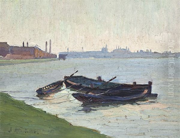 Ansicht Einer Bucht Mit Vertauten Booten Und Einer Stadt Im Hintergrund by Friedrich Kallmorgen