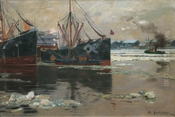 Ice In The Port Of Hamburg Oil Painting by Friedrich Kallmorgen