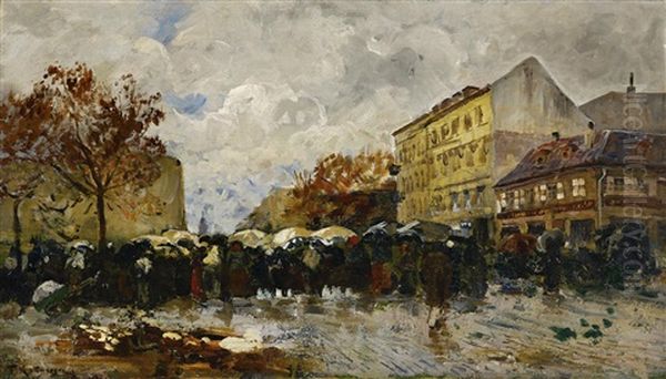 Markt Bei Regenwetter Oil Painting by Friedrich Kallmorgen