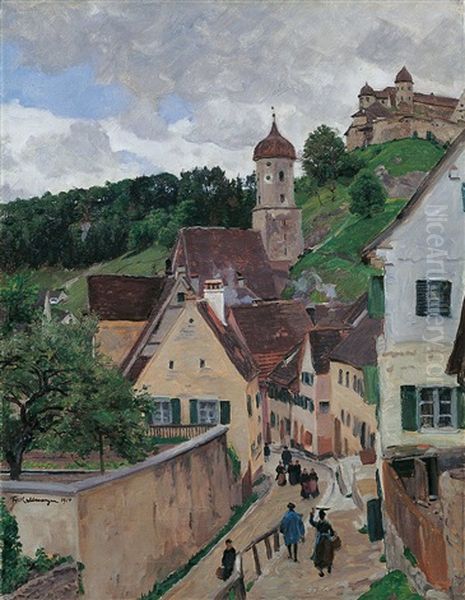 Harburg An Der Wornitz. Uber Dem Ort Die Burg Der Fursten Zu Oettingen-wallerstein Oil Painting by Friedrich Kallmorgen