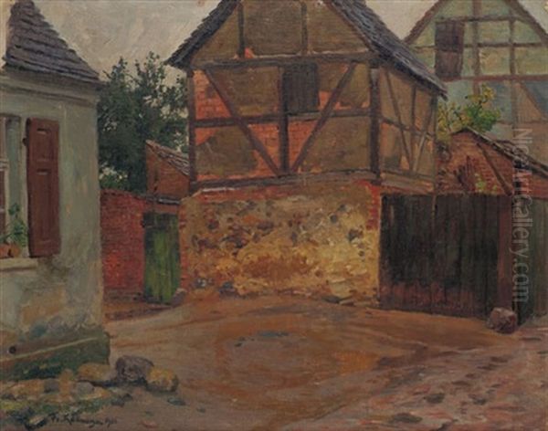 Dorfstrase Mit Fachwerkhausern Oil Painting by Friedrich Kallmorgen