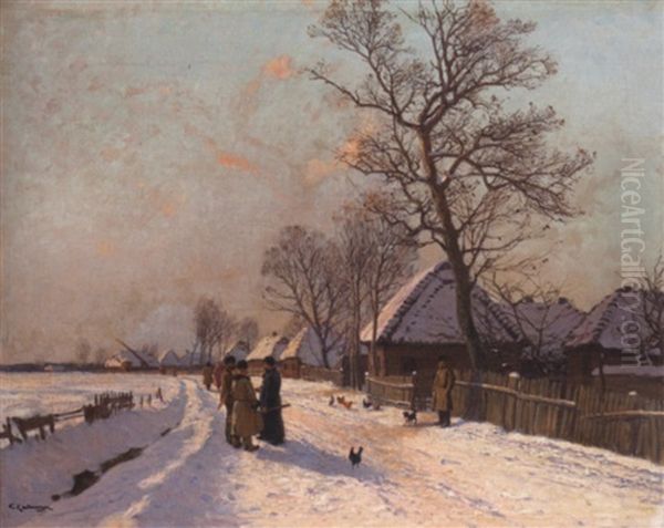 Wintermorgen In Einem Galizischen Dorf Oil Painting by Friedrich Kallmorgen