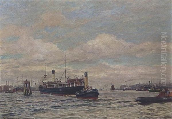 Dampfer Mit Schlepper (the Harbour Of Hamburg) Oil Painting by Friedrich Kallmorgen