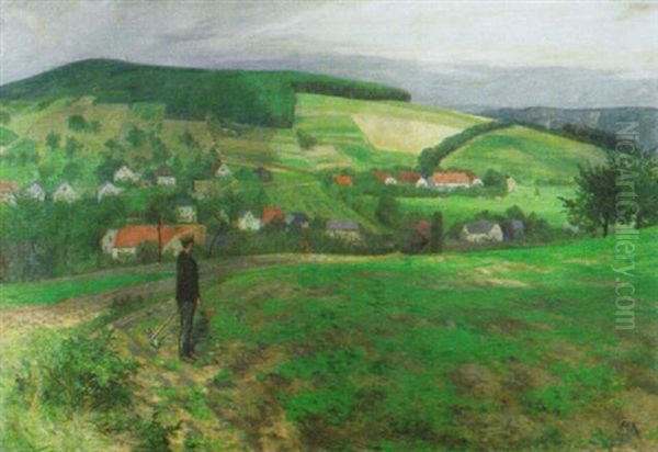 Bauer Am Feldrand Vor Einem Dorf Oil Painting by Friedrich Kallmorgen