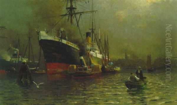 Java-dampfer Im Hafen Von Amsterdam Oil Painting by Friedrich Kallmorgen