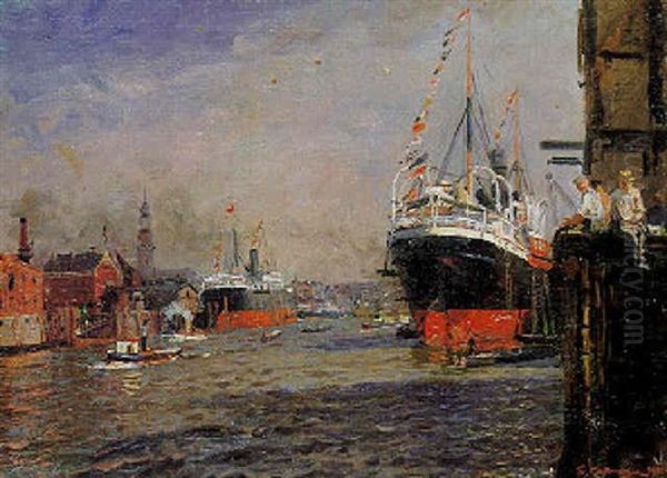 Ein Sonniger Tag Im Hamburger Hafen Oil Painting by Friedrich Kallmorgen