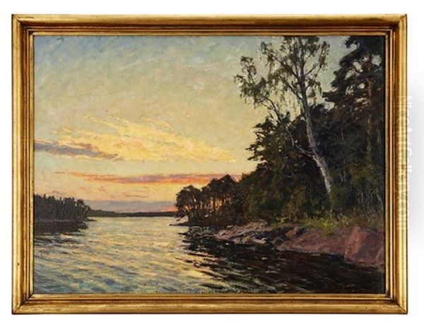 Skargardslandskap Med Nedgaende Sol Oil Painting by Gottfried Kallstenius