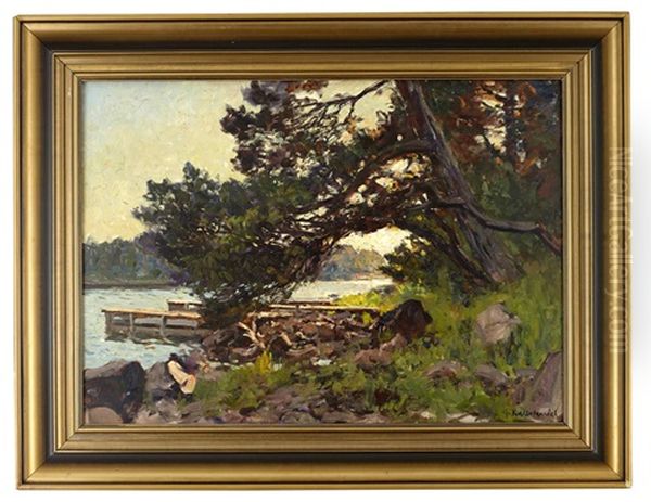 Strandkant Med Solbelyst Brygga Oil Painting by Gottfried Kallstenius