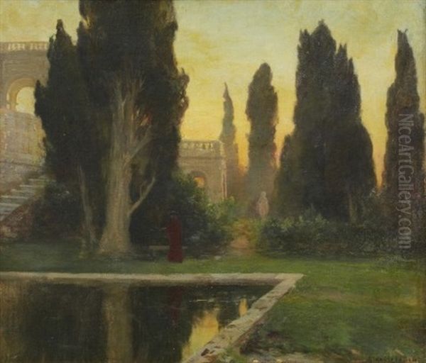 Vy Fran Villa D'este Med Kvinna I Rott Oil Painting by Gottfried Kallstenius