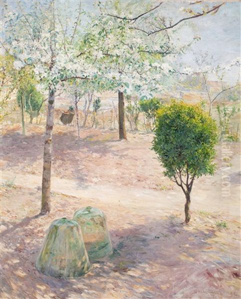 Garden Scene From Grez Oil Painting by Gottfried Kallstenius