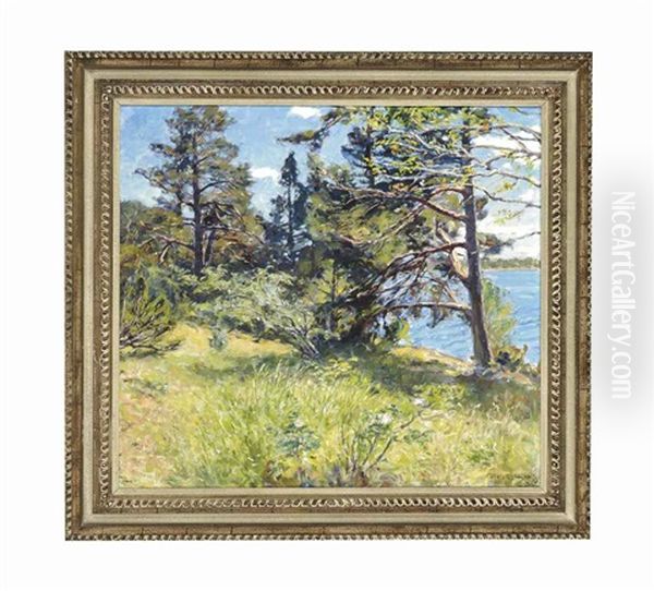 Fir Trees By Water Oil Painting by Gottfried Kallstenius