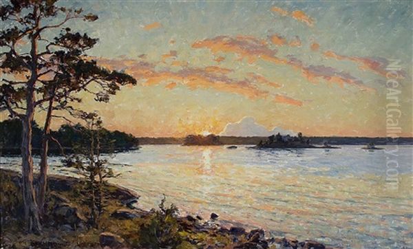 Solbelyst Skargardslandskap Med Tallar Oil Painting by Gottfried Kallstenius